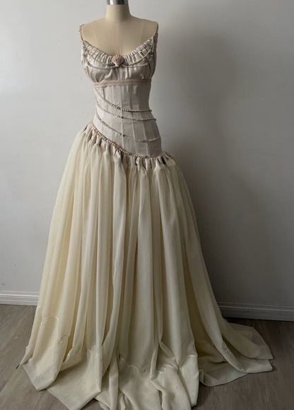 Vintage Apricot A Line Strapless Satin Long Prom Dress Evening Dress DP7888