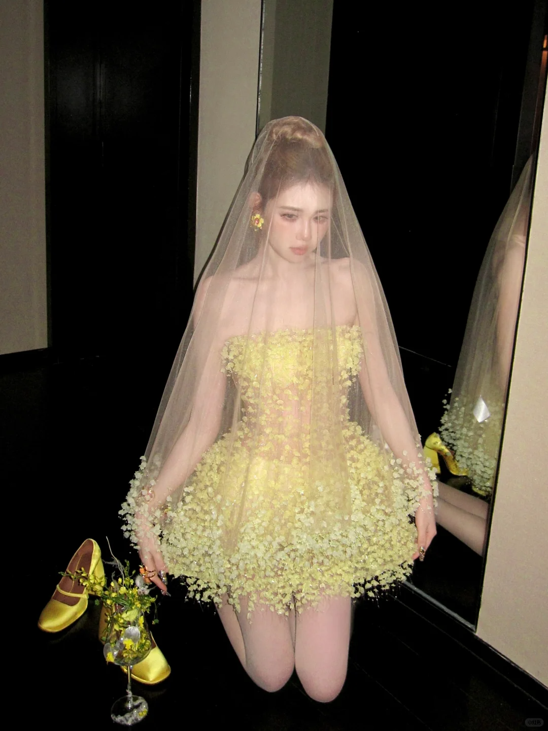 Cute A Line Strapless Yellow Flower Tulle Short Homecoming Dress Cocktail Dress DP2522