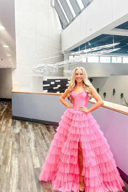 Princess A Line Sweetheart Pink Long Prom Dress with Ruffles DP7740
