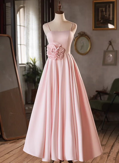 Elegant Pink A Line Spaghetti Straps Satin Prom Dress with Flower DP1122