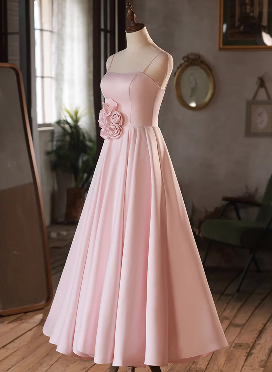 Elegant Pink A Line Spaghetti Straps Satin Prom Dress with Flower DP1122