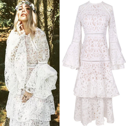 White A Line Round Neck Long Sleeve Layered Lace Prom Dress Evening Dress DP1539