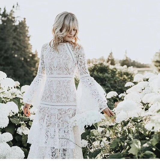 White A Line Round Neck Long Sleeve Layered Lace Prom Dress Evening Dress DP1539