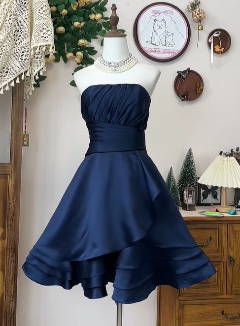 Navy Blue Retro Simple A Line Strapless Pleated Layered Satin Short Homecoming Dress Cocktail Dress Outfits DP3141
