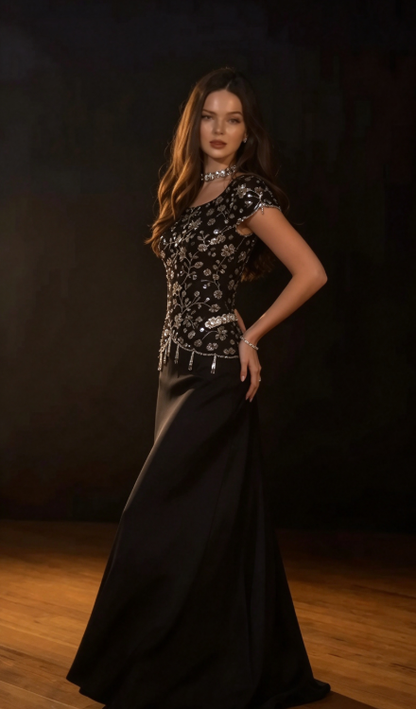 Shiny Beaded A Line Black Satin Prom Dress Evening Dress DP7165