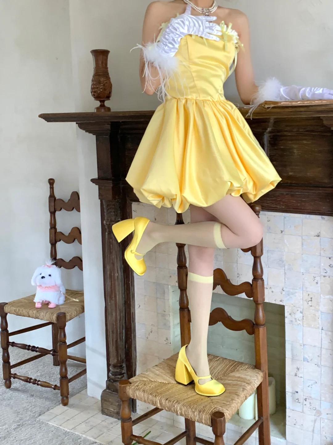 Cute A Line Strapless Yellow Satin Short Cocktail Dress Homecoming Dress with Bow DP2436