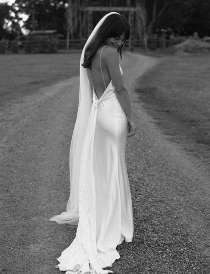 Simple White A Line Straps Satin Backless Slit Wedding Dress DP5223