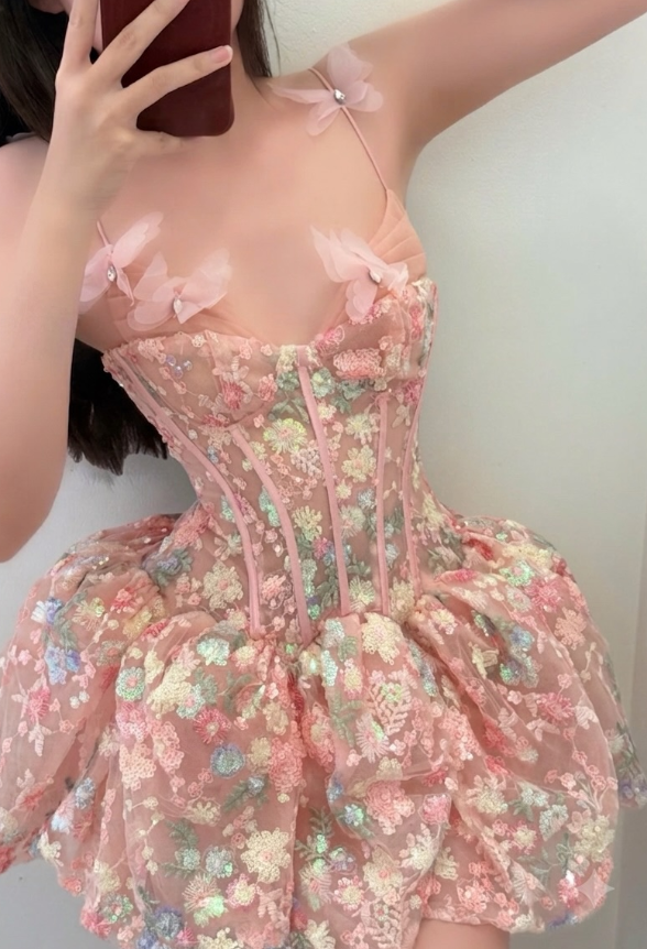 Pink A Line Strap Exquisite Embroidery Corset Tulle Short Prom Dress Homecoming Dress DP7965