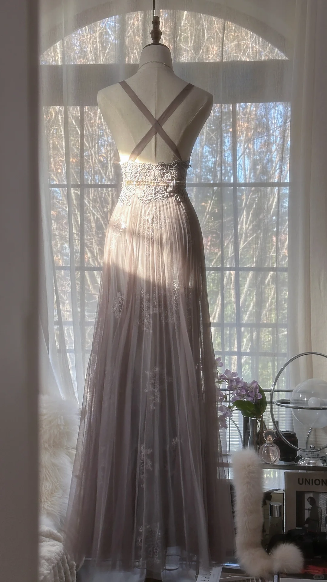 Stunning A Line V Neck Appliques Purple Tulle Long Prom Dress Evening Dress DP2467