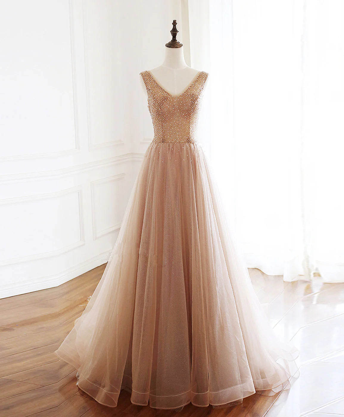 Champagne V Neck Beads Tulle Long Prom Dress Evening Dress DP1172