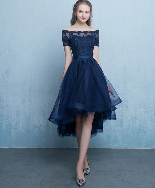 Dark Blue Lace Tulle Short Prom Dress, High Low Evening Dress Homecoming Dress DP3370