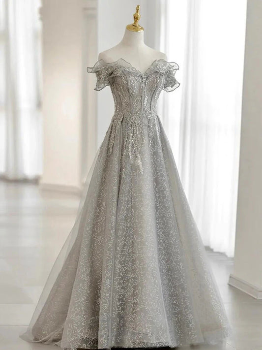 Gray Off Shoulder Sequin Lace Tulle Long Prom Dress Evening Dress DP1165