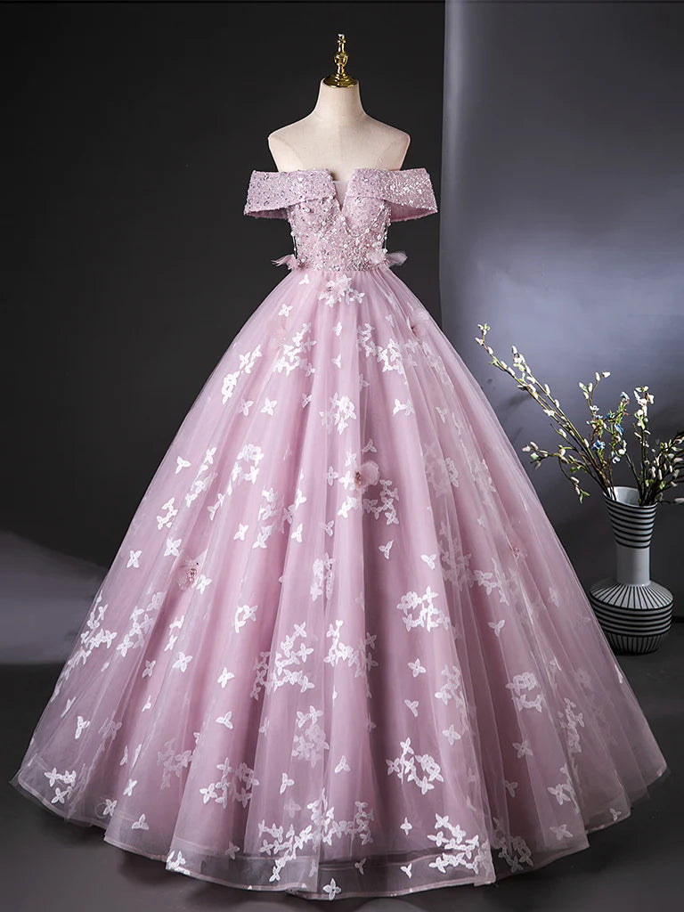A Line Off the Shoulder Sequins Lace Tulle Pink Long Prom Dress Evening Dress DP1052