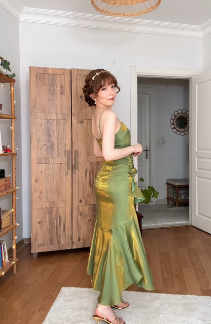 Vintage Green Mermaid Spaghetti Straps Ruffle Satin Prom Dress Outfits DP4436