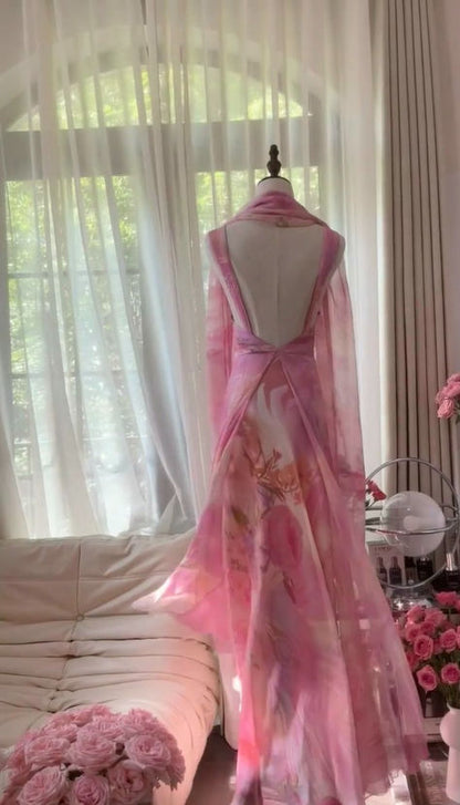 Romantic A Line Spaghetti Strap Printed Flower Pink Chiffon Long Party Dress Evening Dress DP2333
