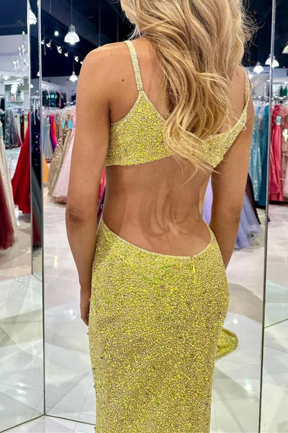 Stunning Mermaid Spaghetti Straps Golden Sequins Long Prom Dress with Open Back DP7761