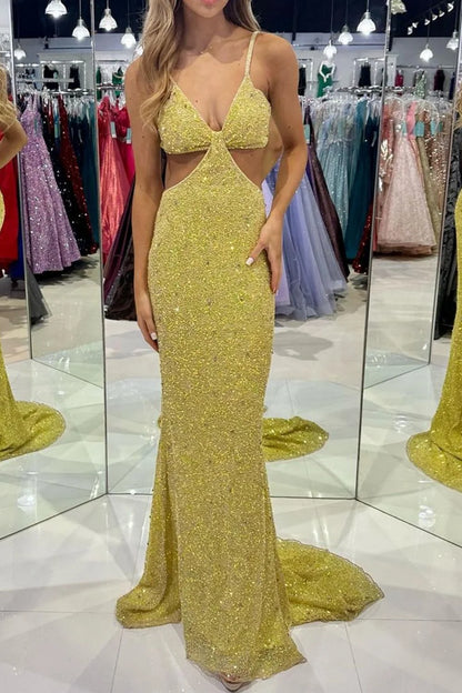 Stunning Mermaid Spaghetti Straps Golden Sequins Long Prom Dress with Open Back DP7761