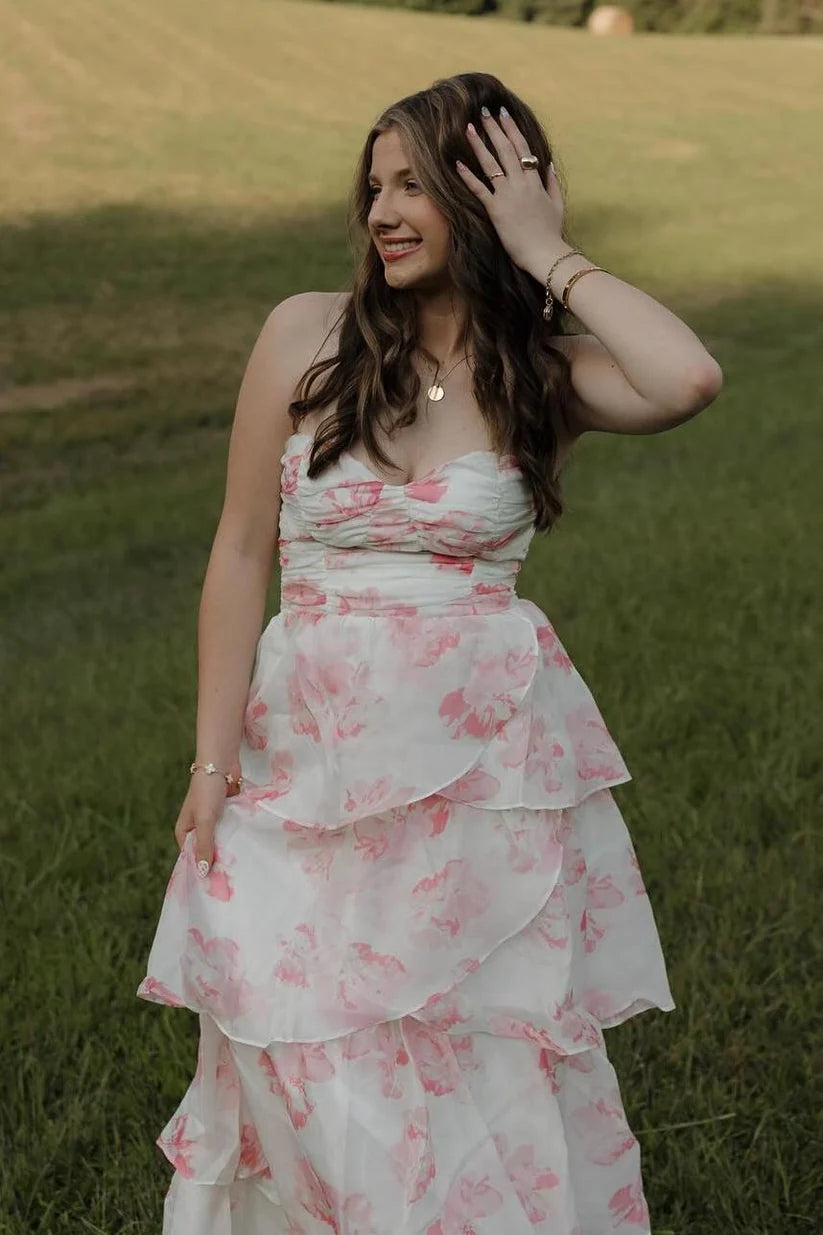 Romantic Pink Print A Line Sweetheart Neck Layered Chiffon Evening Dress Prom Dress DP7650