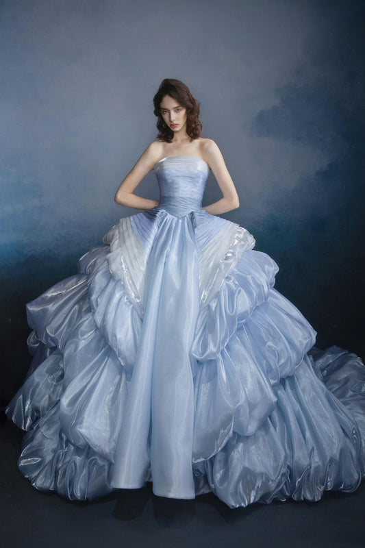 Blue Ball Gown Strapless Layered Satin 16th Birthday Dress Prom Dress DP3712