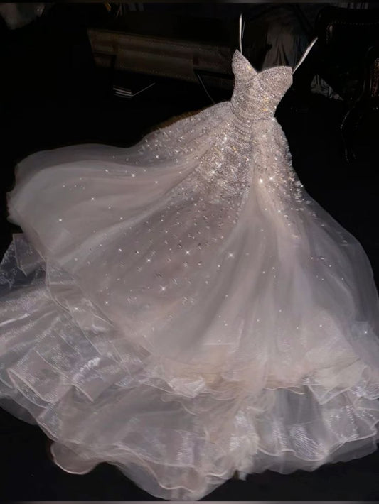Exquisite A Line Sweetheart Neck Beaded White Tulle Long Prom Dress Evening Dress DP2866