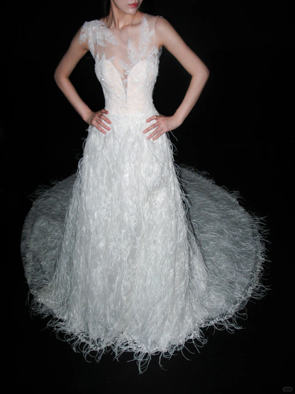 New A Line Sweetheart Neck White Applique Feather Tulle Long Wedding Dress DP8115