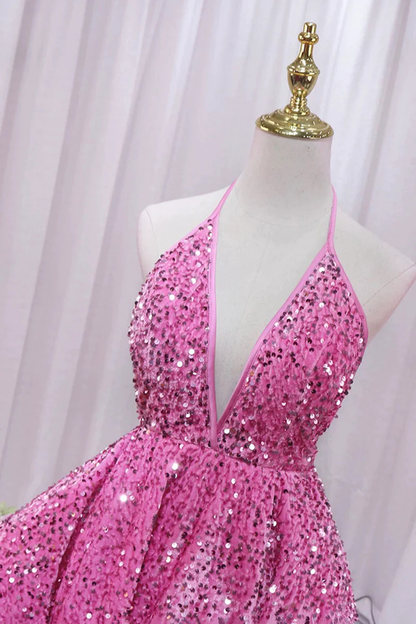 Pink Sequins Sexy Deep V-Neck Backless Homecoming Dress Short Prom Dress DP281