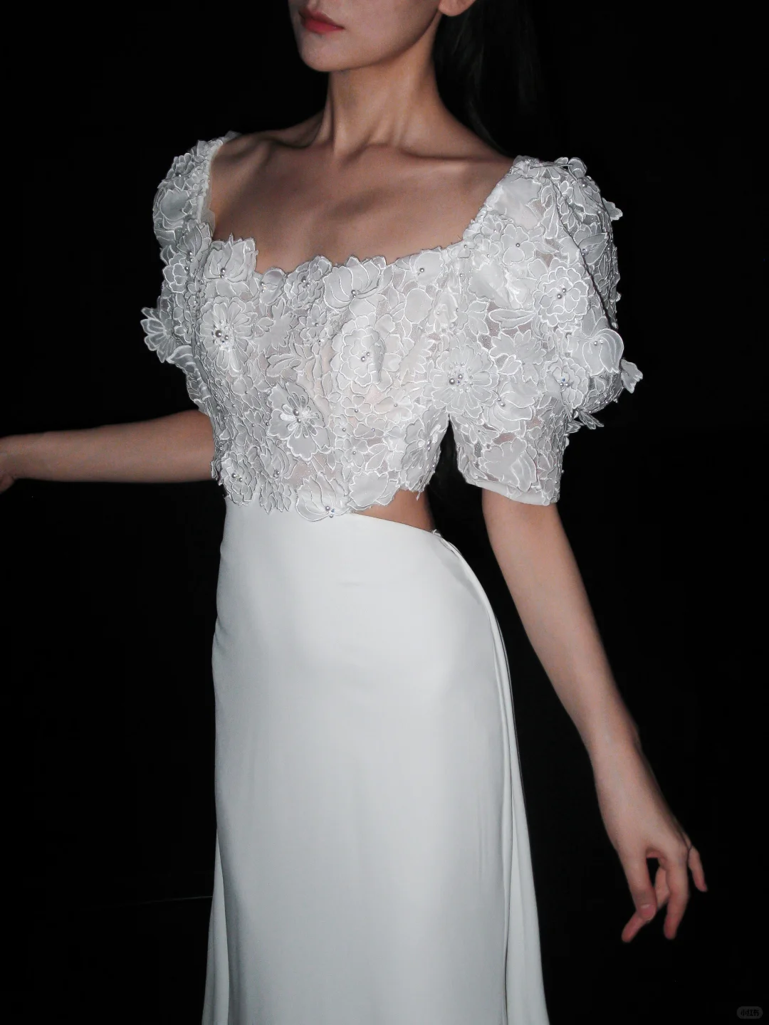 Cute Puff Sleeve A Line White Lace Satin Long Wedding Dress DP5782
