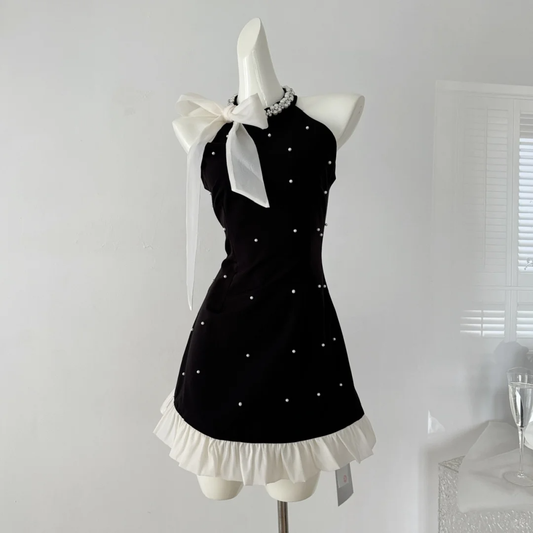 Cute A Line Halter Pearl Black Satin Short Homecoming Dress Cocktail Dress DP2674