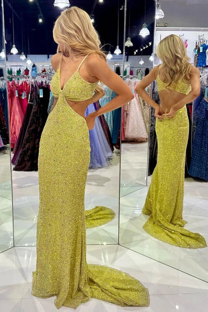 Stunning Mermaid Spaghetti Straps Golden Sequins Long Prom Dress with Open Back DP7761