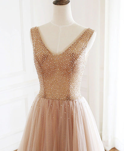 Champagne V Neck Beads Tulle Long Prom Dress Evening Dress DP1172