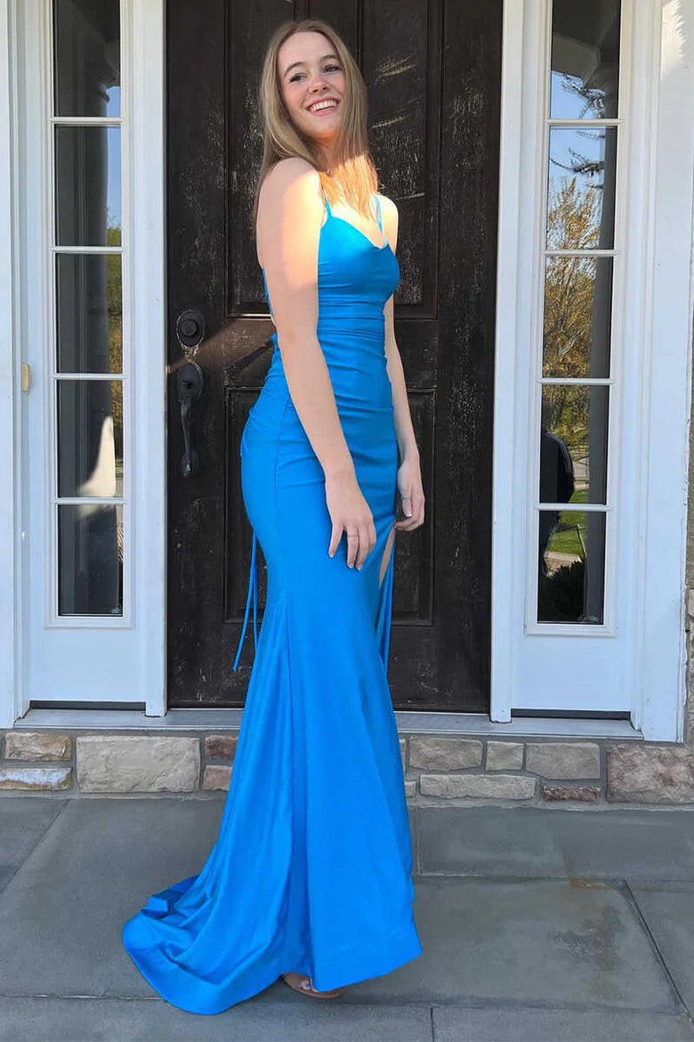Blue Mermaid Spaghetti Strap Satin Long Prom Dress Evening Dress DP1213