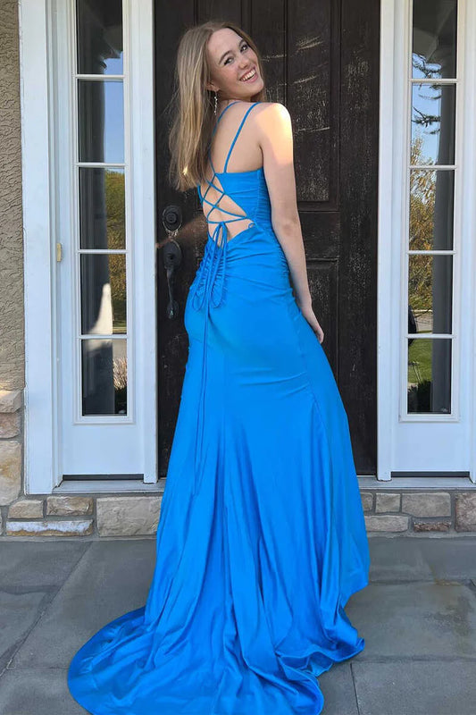 Blue Mermaid Spaghetti Strap Satin Long Prom Dress Evening Dress DP1213