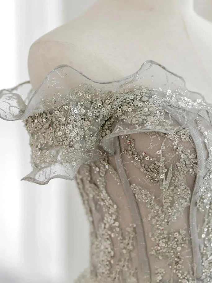 Gray Off Shoulder Sequin Lace Tulle Long Prom Dress Evening Dress DP1165