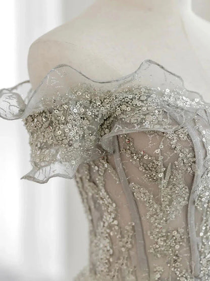 Gray Off Shoulder Sequin Lace Tulle Long Prom Dress Evening Dress DP1165