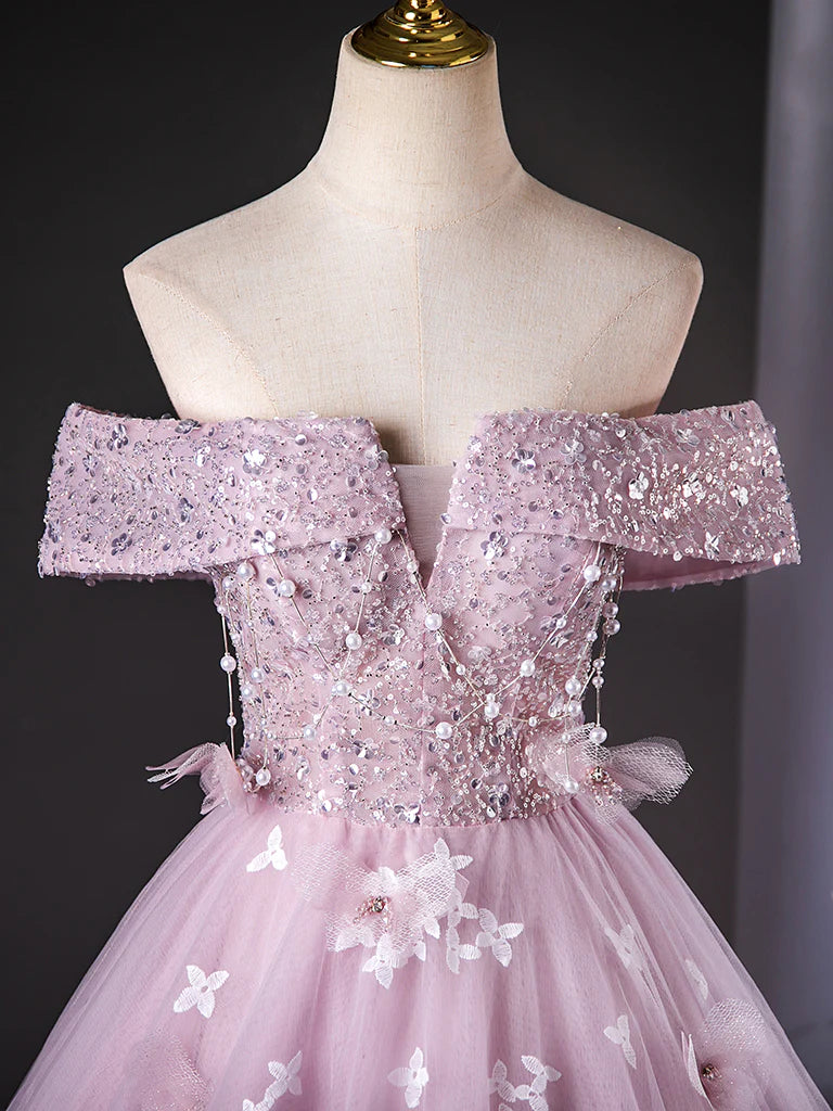A Line Off the Shoulder Sequins Lace Tulle Pink Long Prom Dress Evening Dress DP1052