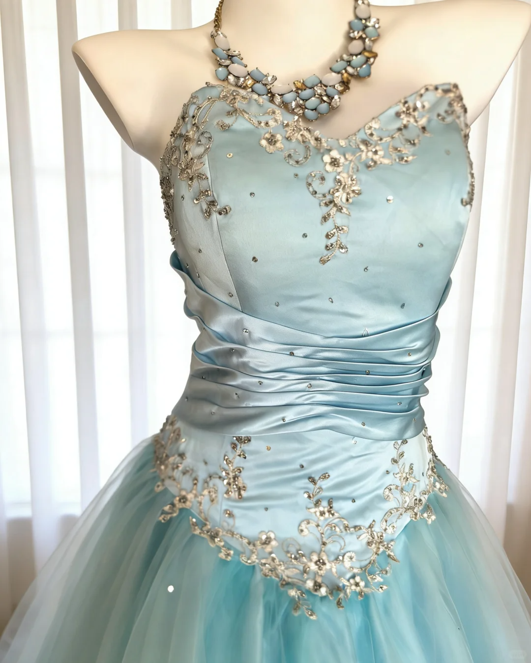 Vintage A Line Strapless Beaded Baby Blue Satin Tulle Prom Dress Evening Dress DP4726
