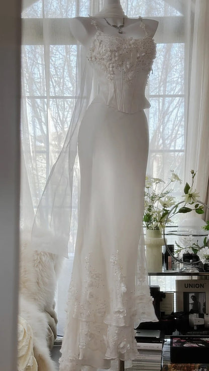 Two Piece Sheath Straps Appliques Corset White Chiffon Prom Dress Party Dress DP5817