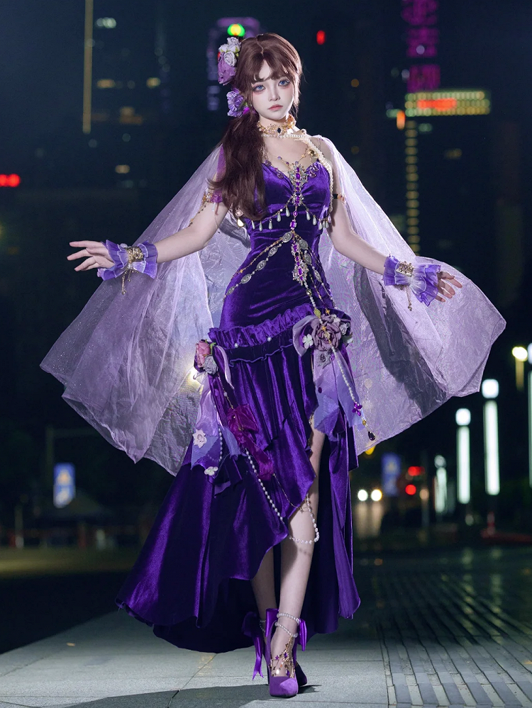 Stunning Purple Mermaid Spaghetti Strap Ruffle Velvet Prom Dress DP4158(Accessories not included)