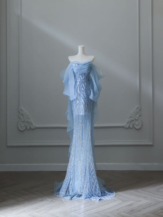 Gentle Mermaid Off The Shoulder Blue Sequin Long Prom Dresses Evening Gowns Party Dress DP3041