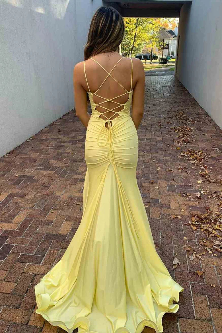 Simple Yellow Spaghetti Straps V-Neck Mermaid Long Formal Prom Dress DP1160