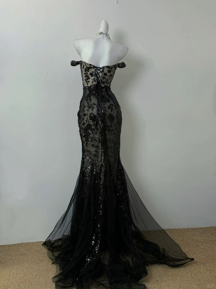 Classy Mermaid Off the Shoulder Black Sequin Tulle Long Party Dress Evening Dress DP2411