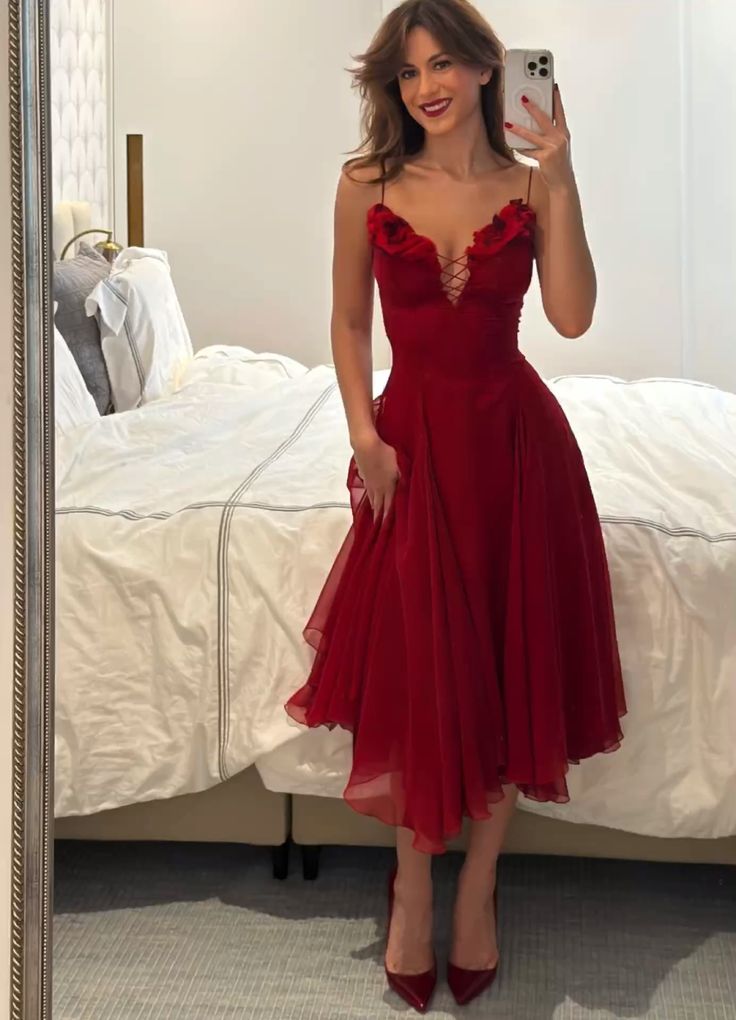 Sexy Red A Line Spaghetti Strap Chiffon Prom Dress Evening Dress DP5406