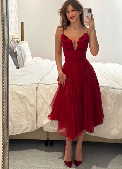 Sexy Red A Line Spaghetti Strap Chiffon Prom Dress Evening Dress DP5406