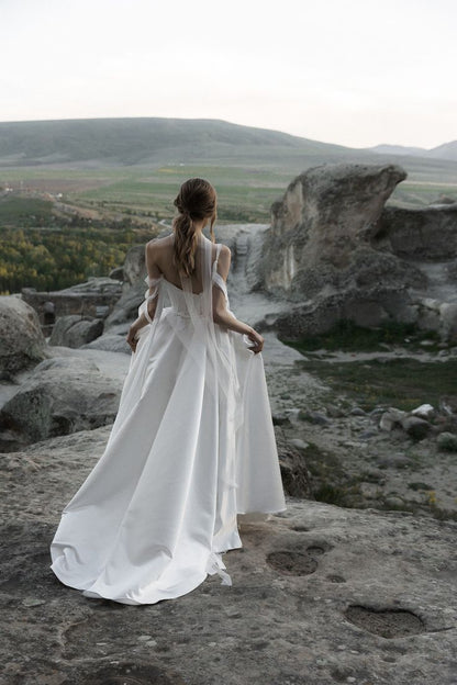 Ethereal A Line Spaghetti Strap White Tulle Satin Long Wedding Dress DP7195