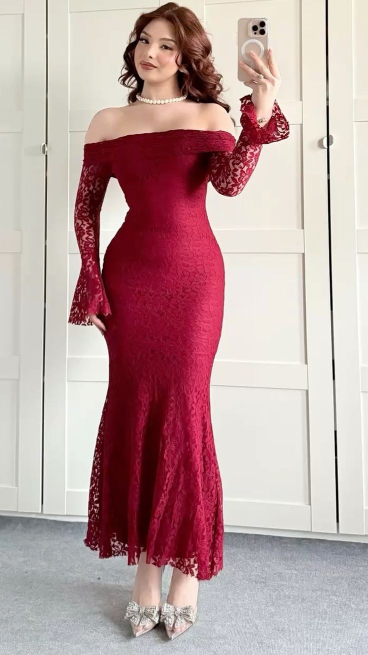 Charming Red Mermaid Long Sleeve Lace Prom Dress Evening Dress DP6721