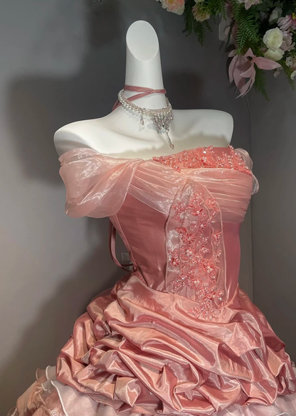 Coral Powder Ball Gown Off the Shoulder Layered Satin Organza Long Prom Dress 16th Birthday Dress DP5386