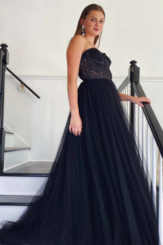A Line Strapless Black Lace Tulle Long Prom Dress Evening Dress DP1216