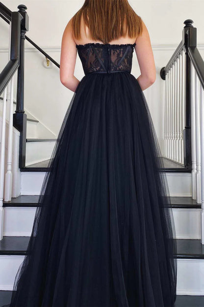 A Line Strapless Black Lace Tulle Long Prom Dress Evening Dress DP1216