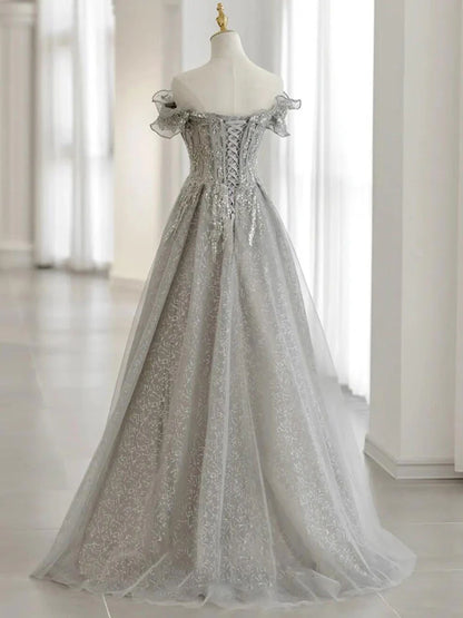Gray Off Shoulder Sequin Lace Tulle Long Prom Dress Evening Dress DP1165