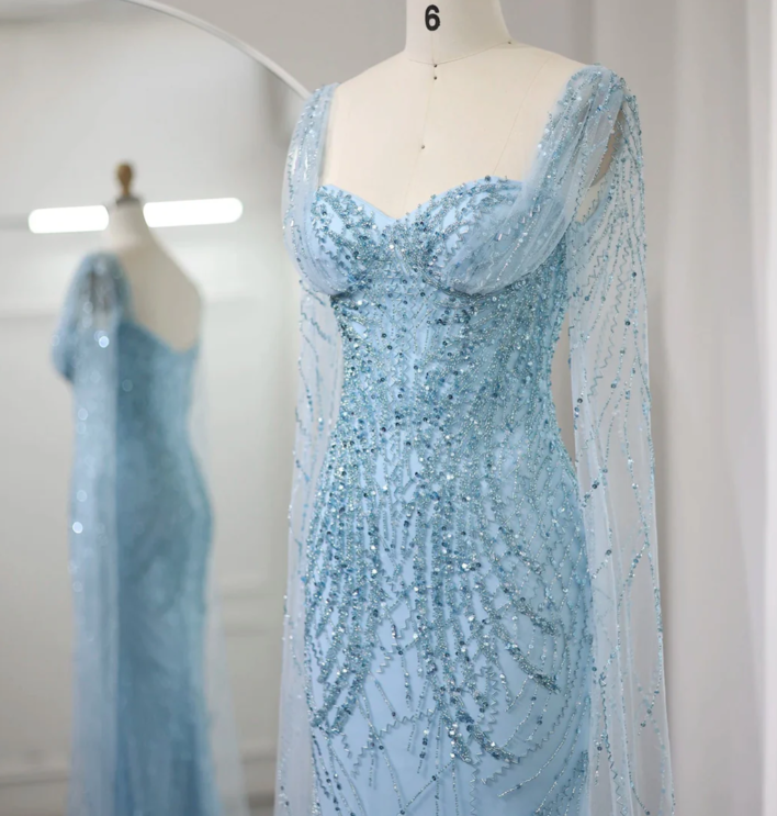 Blue Luxury Mermaid Beads Sequins Tulle Evening Dresses with Cape Sleeves DP1403